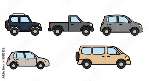 Five different colored vehicles including SUV pickup van hatchback and minivan shown side view