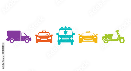 Five colorful stylized vehicles including van taxi ambulance scooter on white background
