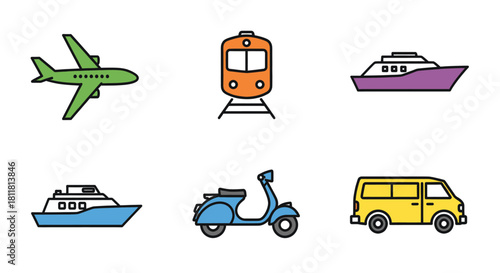 Green airplane orange train purple yacht blue boat blue scooter yellow van on white background