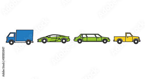 Four vehicles including truck sports car limousine and pickup truck in row on white background