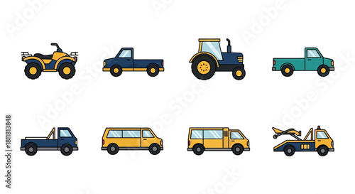 Four wheeler pickup truck tractor tow truck van and utility vehicle icons on white background