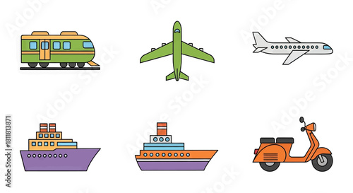 green train airplane scooter ship ferry transport vehicles on white background