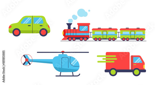 green car red steam train blue helicopter red delivery truck transportation icons