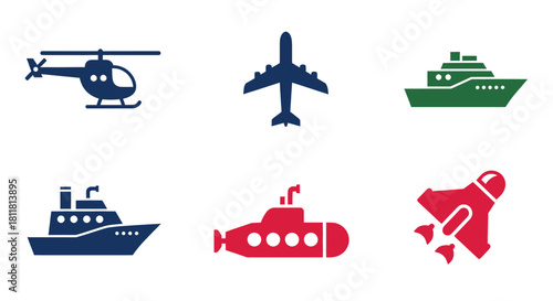 helicopter airplane cruise ship boat submarine rocket icons set