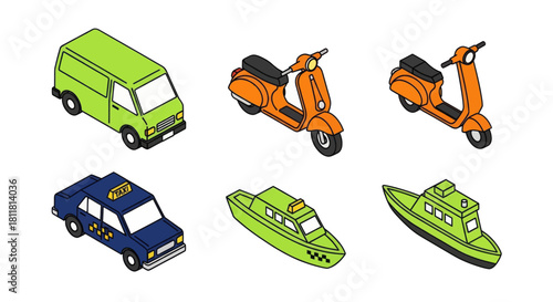 Isometric illustration of six transportation vehicles including van scooter taxi boat