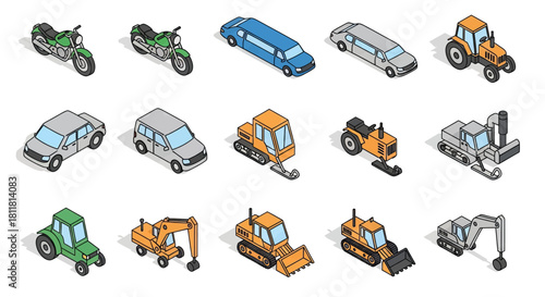 Isometric vector icons of various vehicles including motorcycles cars tractors and construction equipment