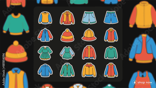 Collection of Cartoon Children's Clothing Icons on a Dark Background kids wear apparel