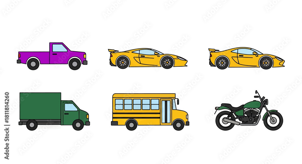 Naklejka premium purple pickup truck yellow sports car green delivery van yellow school bus black motorcycle