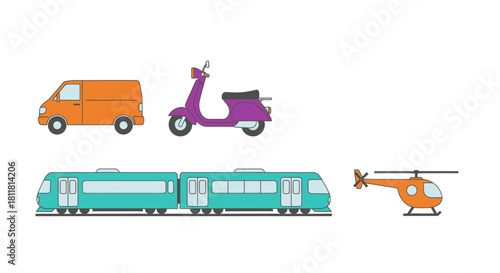 orange van purple scooter teal train orange helicopter on white background