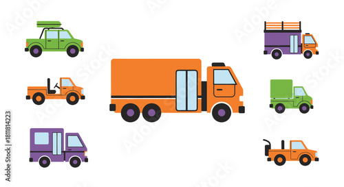 orange truck with flatbed and cab surrounded by colorful utility vehicles on white background