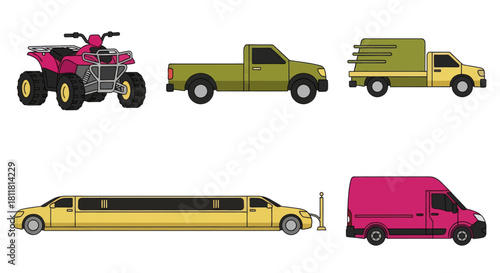 pink four wheeler green pickup truck yellow delivery van gold limousine magenta cargo van