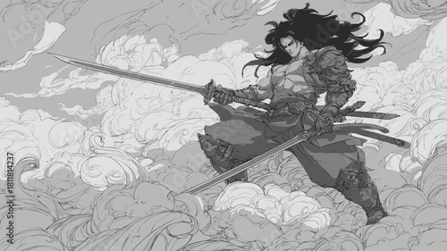 Epic Fantasy Warrior with Powerful Long Sword in Combat Stance, Surrounded by Mystical Clouds - Heroic Grayscale Illustration