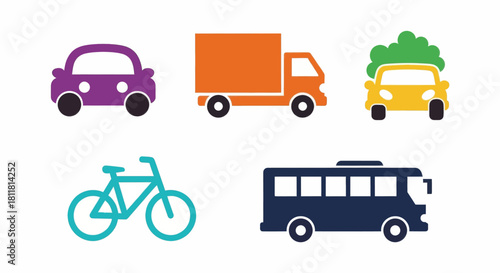 purple car orange truck yellow car with green tree bicycle bus