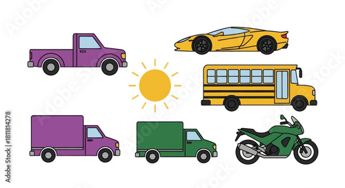 purple pickup truck yellow sports car school bus green delivery truck motorcycle sun