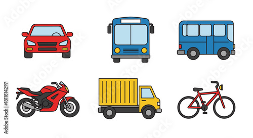 red car blue bus motorcycle truck bicycle transportation icons vehicle set flat design simple illustration white background