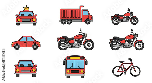 red car taxi truck motorcycle bicycle bus vehicle icons set