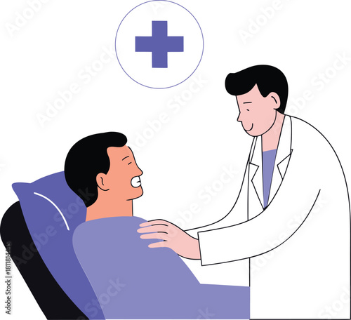 Smiling doctor warmly greeting a male patient with a handshake at the start of a consultation.
