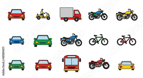 Red car yellow scooter red truck black motorcycle yellow motorcycle blue car green car red bus red motorcycle yellow car