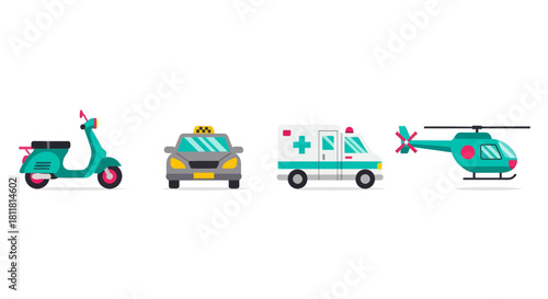 scooter taxi ambulance helicopter vehicles transportation icons set
