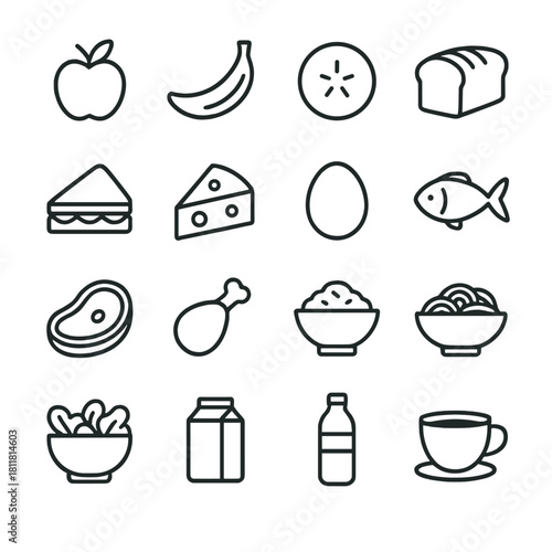 Food and drink linear icon set. featuring apple, banana, lemon, bread, sandwich, cheese, egg, fish, steak, drumstick
