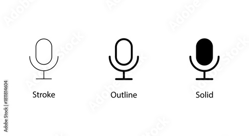 Set of three microphone icon styles stroke, outline, and solid