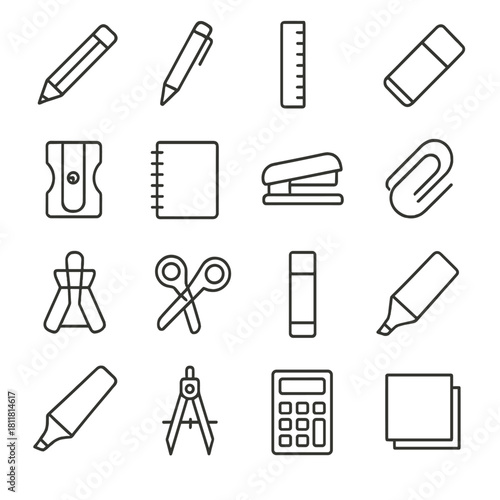School supplies linear icon set. featuring pencil, ruler, eraser, sharpener, notebook, scissors, calculator, paperclip