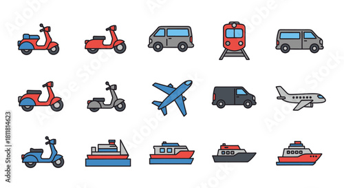 scooter van train airplane boat icons set transportation symbols collection