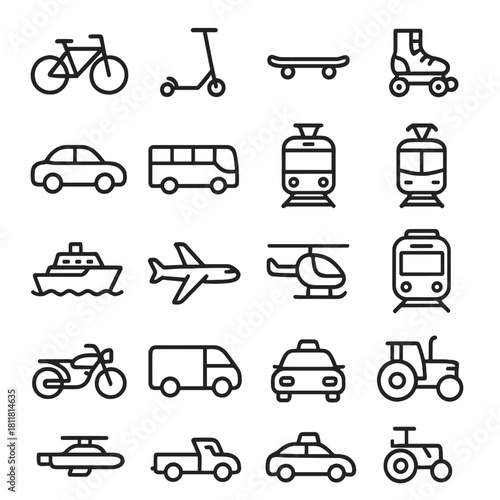Transportation linear icon set. featuring bicycle, scooter, skateboard, rollerblade, car, bus, train, ship, airplane, helicopter, van, taxi, tractor