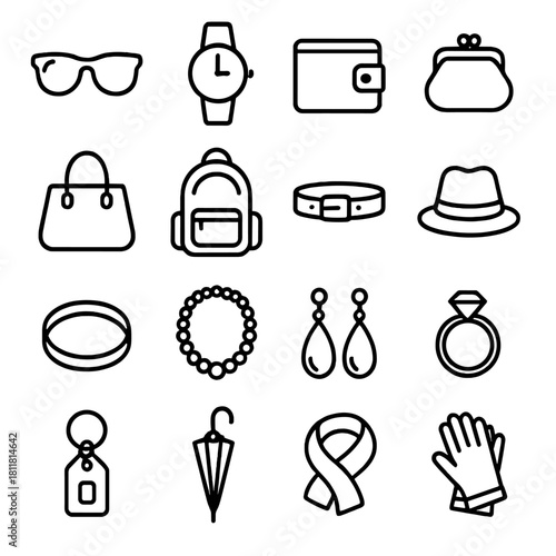 Fashion linear icon set. featuring sunglasses, watch, wallet, purse, handbag, backpack, belt, hat, bracelet, necklace, earrings, ring, keychain, umbrella, ribbon, gloves