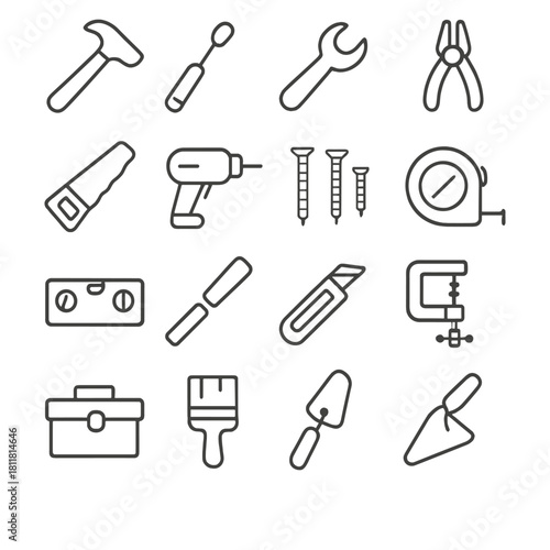 Construction tools linear icon set. featuring hammer, screwdriver, wrench, pliers, saw, drill, nails, tape measure