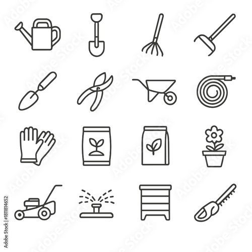 Gardening tools linear icon set. featuring watering can, shovel, rake, hoe, pruner, wheelbarrow, hose, gloves