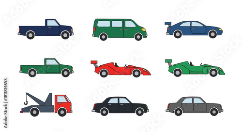 Side view of various vehicles including pickup truck van sedan sports car and tow truck