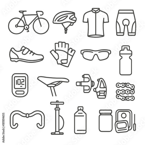 Cycling gear linear icon set. featuring bicycle, helmet, jersey, shorts, shoes, gloves, and sunglasses