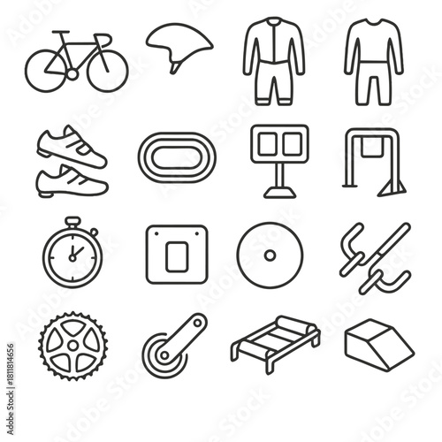 Cycling gear linear icons set. featuring bicycle, helmet, jersey, shorts, shoes, track, sign, stopwatch, gear