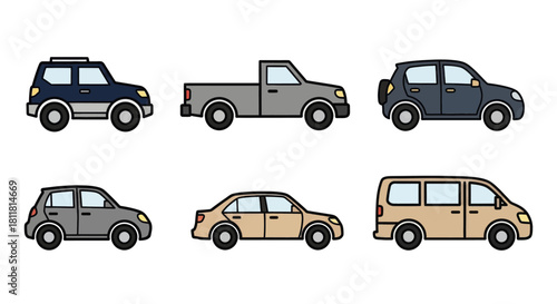 Six different colored vehicles including SUV pickup sedan van shown side view isolated white background