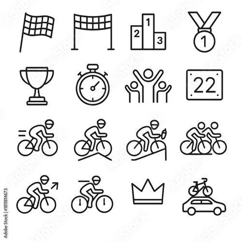 Cycling race linear icon set. featuring finish line, podium, medal, trophy, stopwatch, cyclists, and more