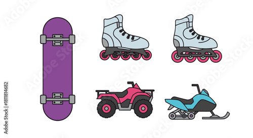 skateboard inline skates quad bike snowmobile vector illustration isolated on white background