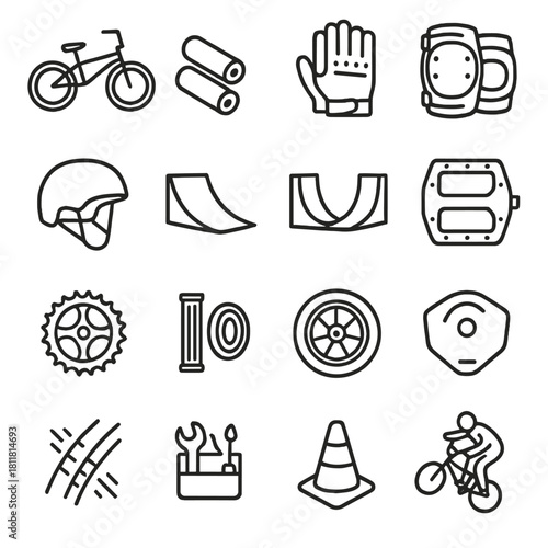 Cycling equipment linear icon set. featuring bicycle, helmet, gloves, pedal, wheel, and gear