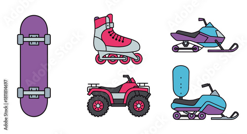 skateboard roller skate snowmobile all terrain vehicle scooter purple pink blue gray white