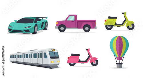Sports car pickup scooter train hot air balloon vehicles transportation icons