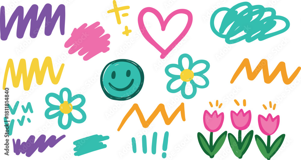 Fototapeta premium Playful hand-drawn doodle set with hearts, smiley, flowers, lines