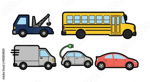 Tow truck school bus delivery van electric car and sedan vehicles illustration