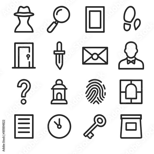 Detective tools linear icon set. featuring hat, magnifying glass, frame, footprints, door, knife, envelope, and person