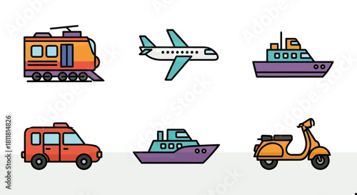 train airplane boat car scooter transportation vehicle icon set travel