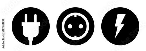 Set of three black and white icons representing electricity and power