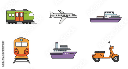 train airplane boat tram scooter cruise ship vehicle transportation icon illustration