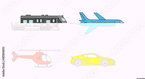 train airplane helicopter sports car icons on white background