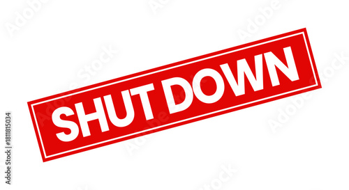Red stamp with white text reading shut down isolated on