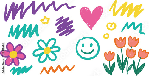 Vibrant hand-drawn doodle art: flowers, heart, smile, squiggles