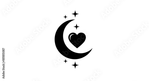 Black crescent moon with heart and stars icon isolated on